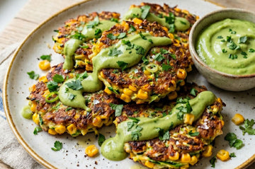 SUMMER CORN & ZUCCHINI FRITTERS WITH AVOCADO HERB SAUCE